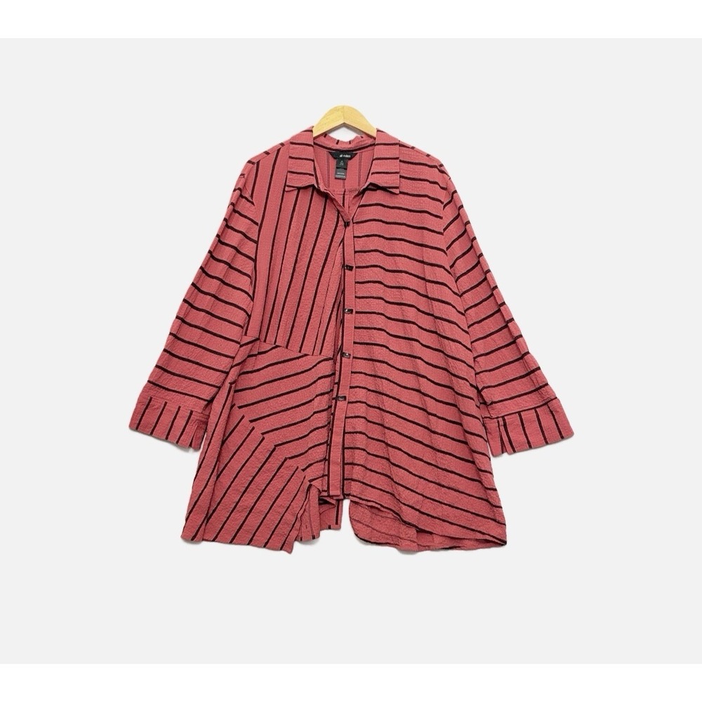 Ali Miles Tunic Sz 2X Button Wearable Art Striped Crinkle Lagenlook Eclectic Top